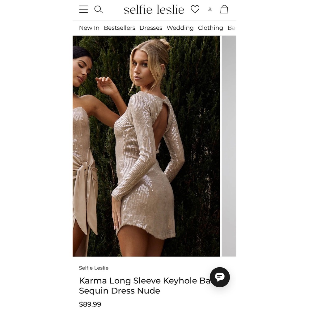 Selfie Leslie Karma Long Sleeve Keyhole Back Sequin Mini Dress Nude M NEW